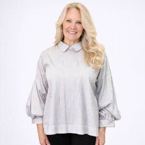 Striped Blouse with Collar and Puffy Sleeves | Black & White